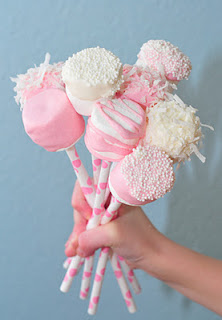 Marshmallow pops decorated in pink and white