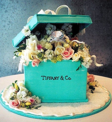 Tiffany box cake filled with flowers.