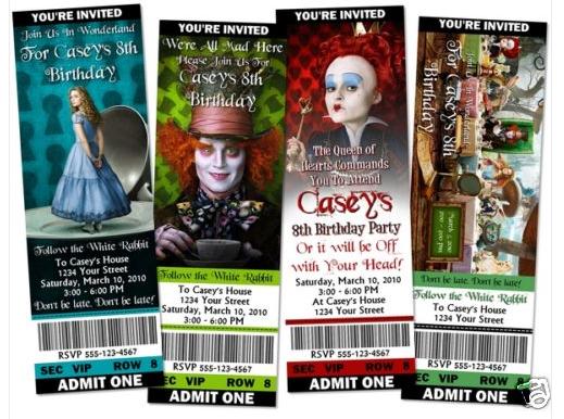 Alice in Wonderland invitations that are themed to the Johnny Depp movie.