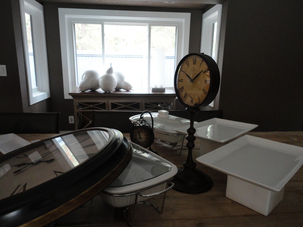 Clocks, time for a party, white dishes, casserole dish, casserole dishes.