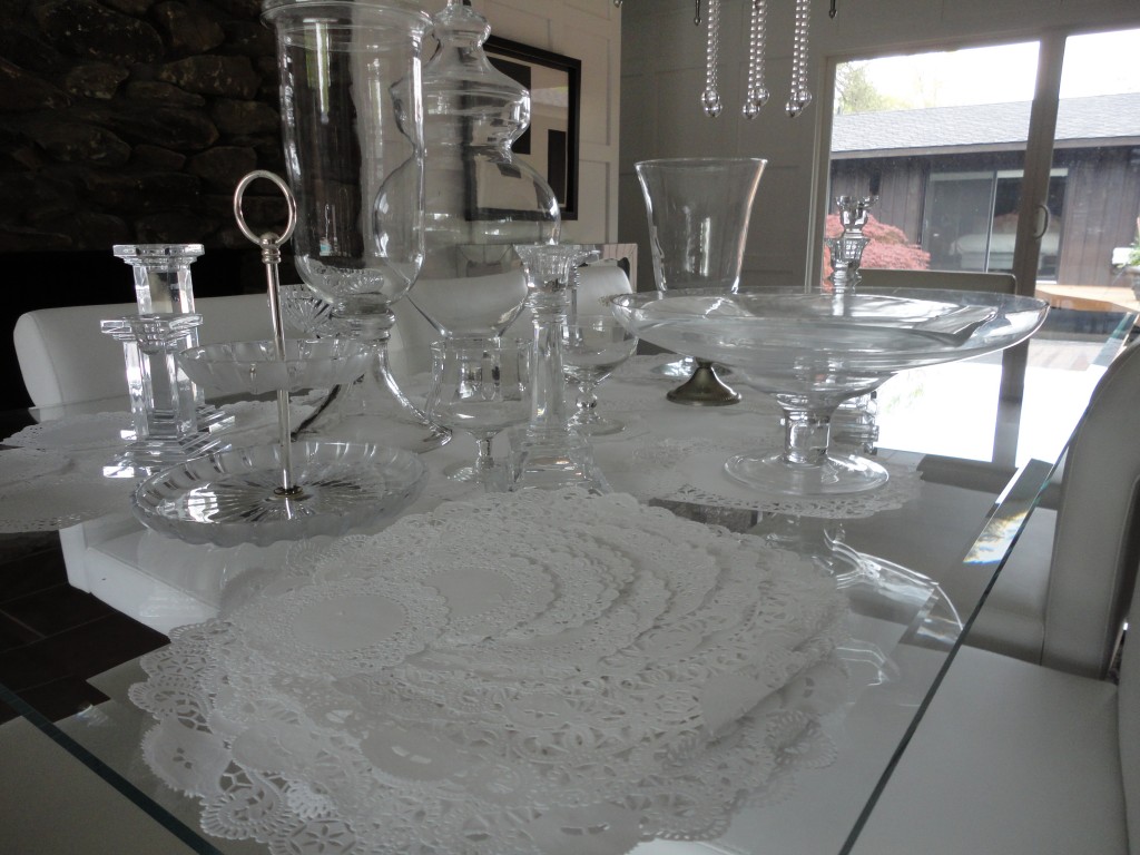 Crystal, white paper doilies, dining room, dining table, silver, white