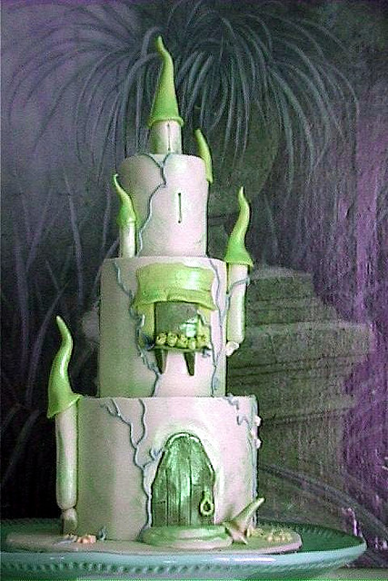 Green and white magic or mystical castle cake for a special occasion.