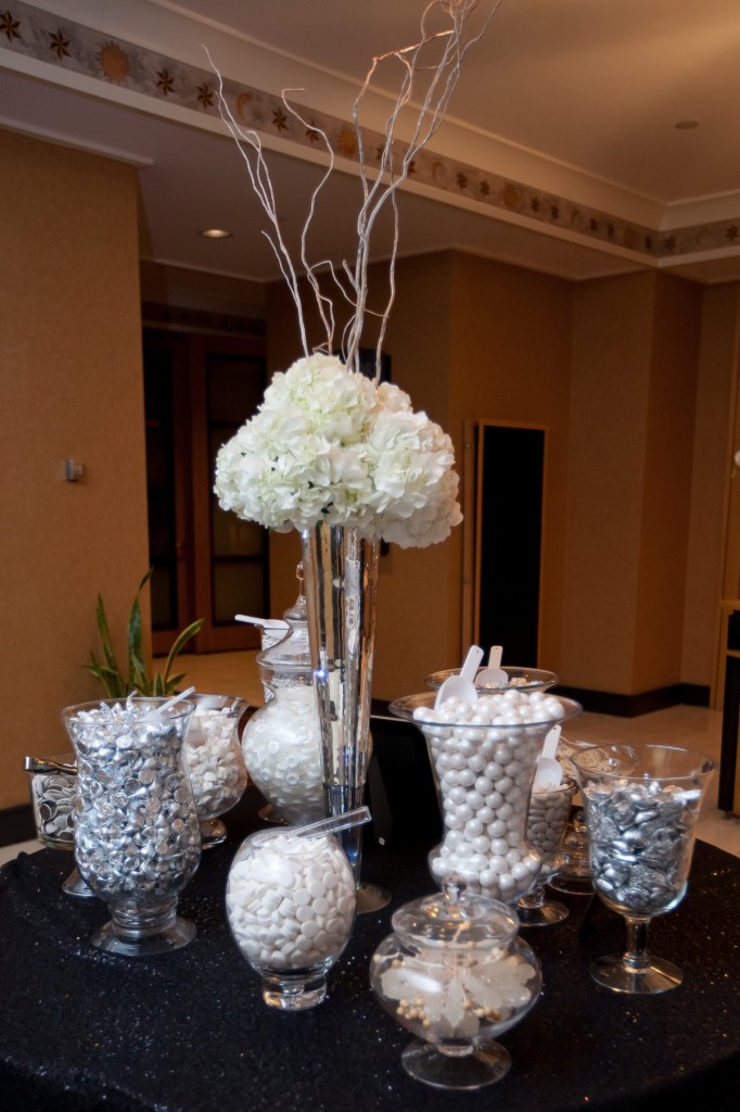 New Year's Eve Wedding, silver and white candy buffet