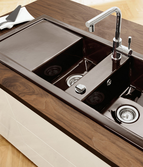 Contemporary brown ceramic kitchen sink with two bowls and contemporary faucet