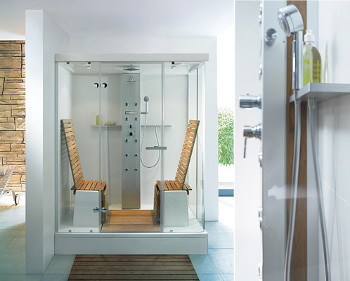 Modern bathroom shower with steam and seats