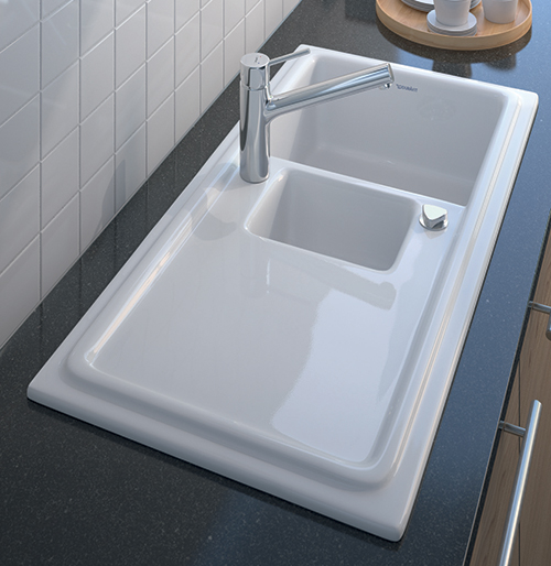 Modern Duravit white ceramic kitchen sink.