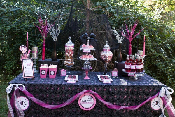 Pink and black glam Halloween candy buffet