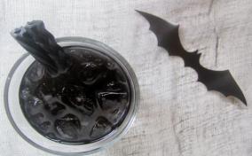 Bat juice Mocktail all black and scary for kids and adults alike for a fun Halloween Party beverage