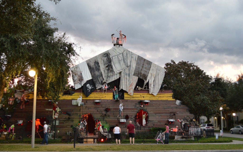 Haunted Pirate ship created on the front of a home in Celebration, Florida for Halloween is visited by the community.