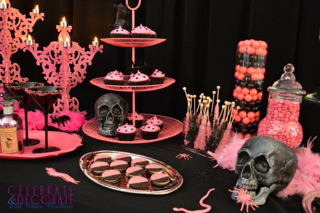Black and Pink Halloween Party Tablescape