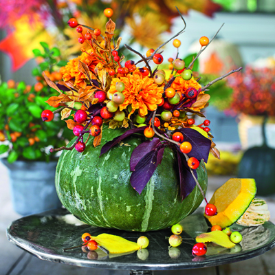 Flowers and Berries in a Carved Pumpkin ~ Southern Living