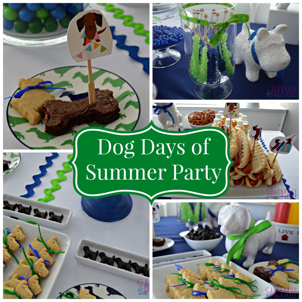 Collage of blue and green dog themed party settings 