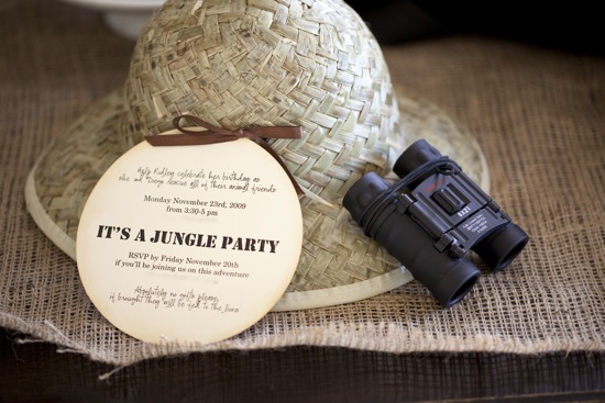 Creative Jungle Party Invitation with hat and binoculars