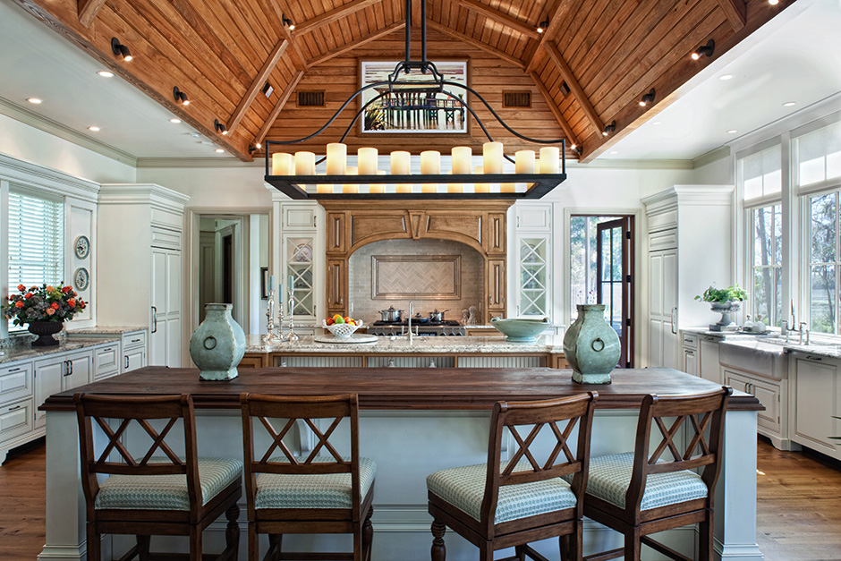 White Kitchen with wood cathedral ceiling