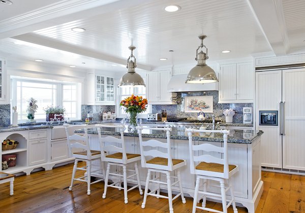 White kitchen with blue stone countertops