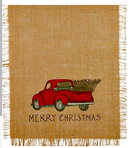 Christmas table runner featuring a red pick up truck with a tree in the back