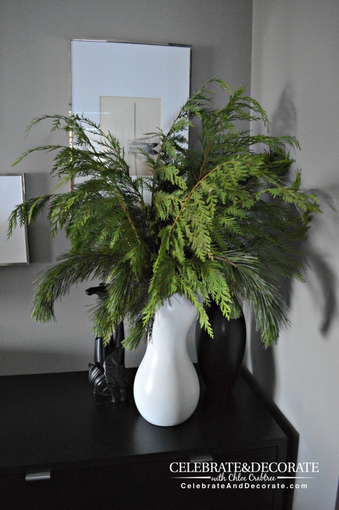 Modern vase full of fresh Christmas Greens
