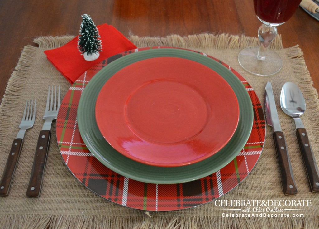Red and Green plates for a Rustic Christmas Tablescape
