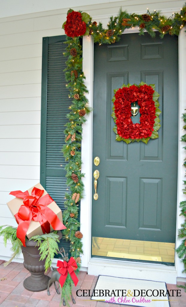 Christmas Front Door with red Hydrangea Wreath