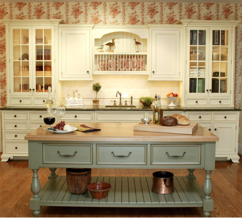 Traditional kitchen with painted island and wallpaper