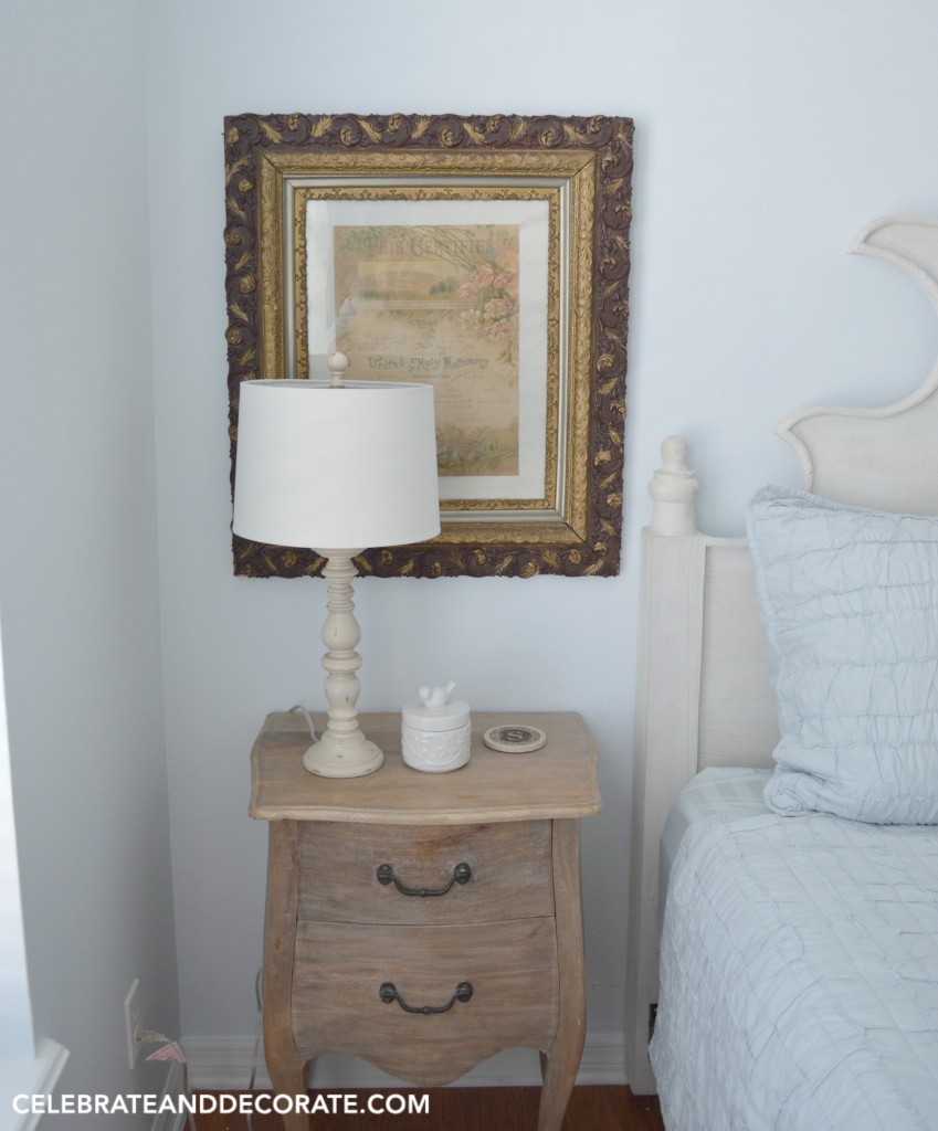 A pretty blue cottage guest room with vintage accents