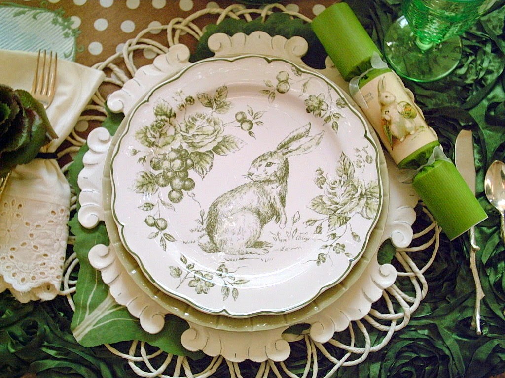 Green Toile Bunny Tablescape