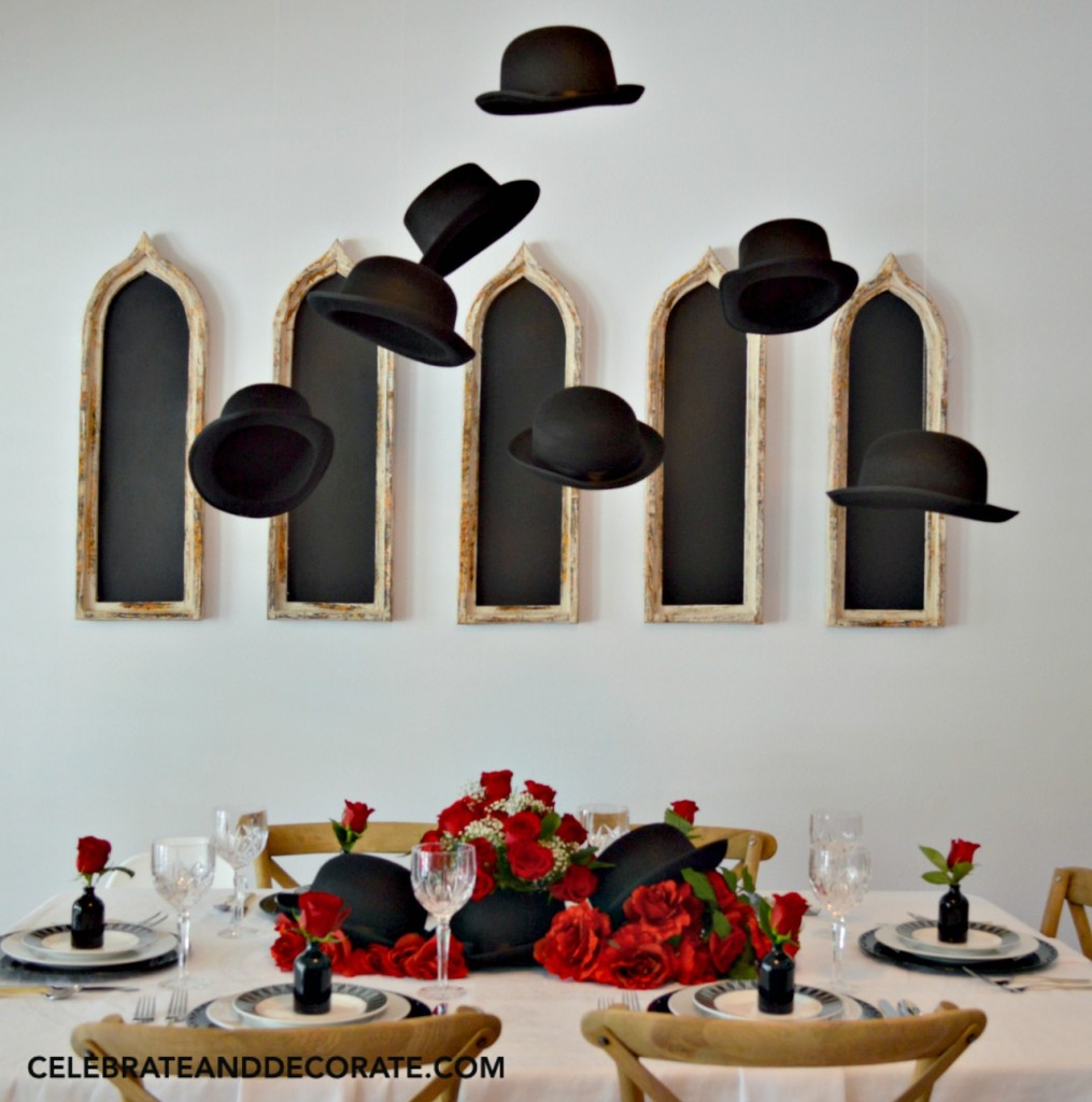 Derby hats floating above the dinner table take the centerpiece to new heights.