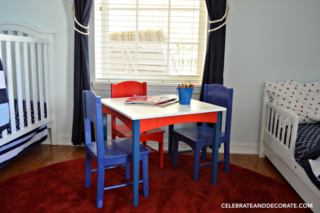 Red White and Blue Activity table for coloring in a Nautical Nursery