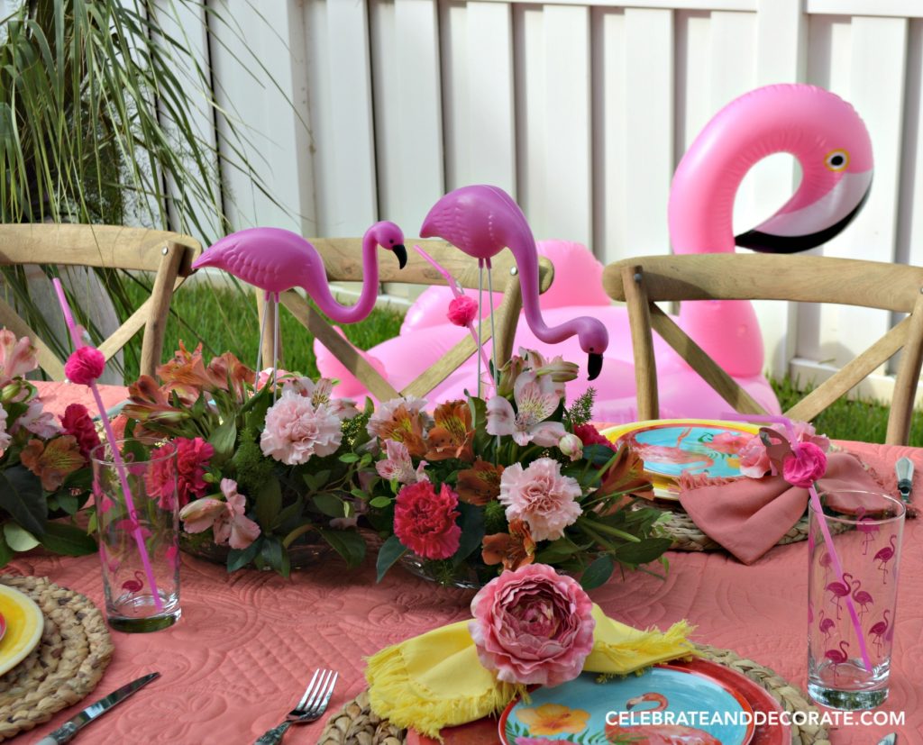 Flamingos everywhere at this fun summertime dinner.
