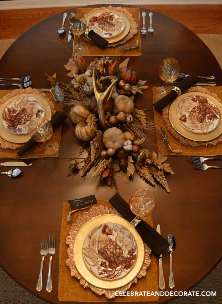 A golden Autumn tablescape inspired by pottery barn salad plates