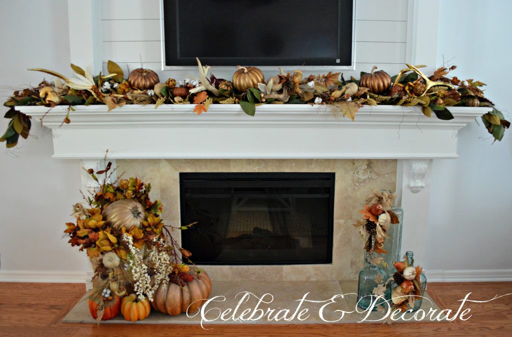 Celebrating Fall and Thanksgiving with a mantel and hearth that are decorated for Fall.
