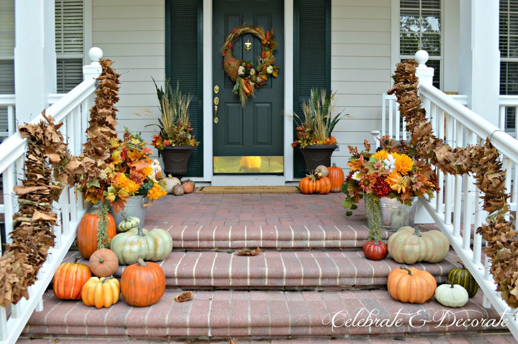 A Fall Front Porch with natural leaf garlands