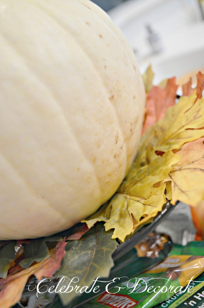 A white pumpkin is nestled on Fall leaves to add a punch of Autumn color to the kitchen.