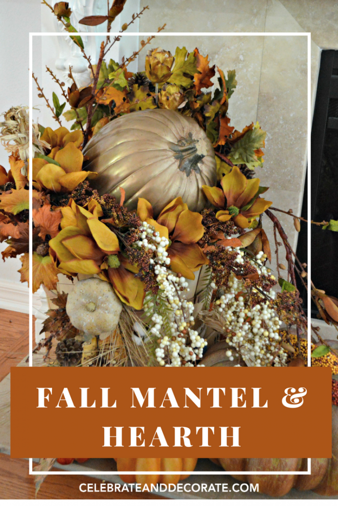 A Mantel and Hearth are decorated in lovely golds and browns with leaves, garlands and gourds.