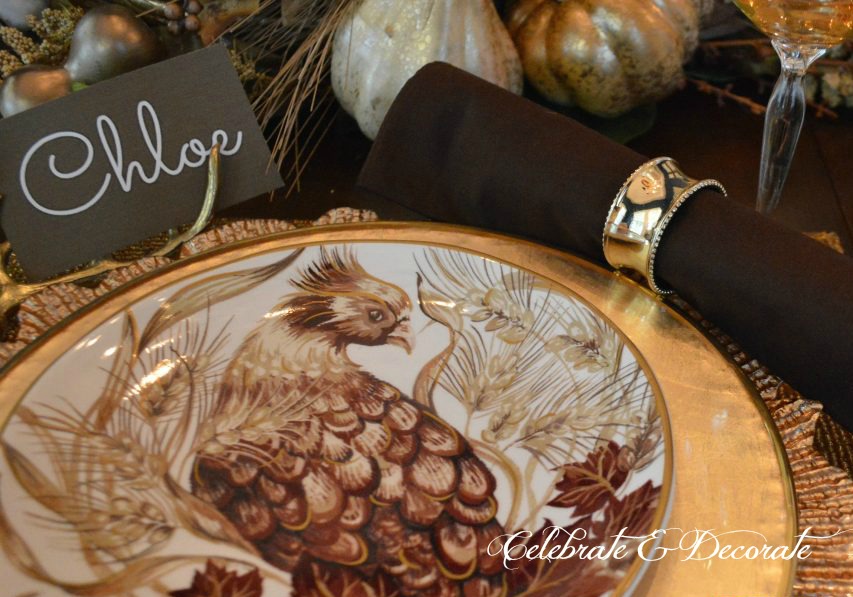 A Fall tablescape in gold and brown inspired by these Pottery Barn salad plates.