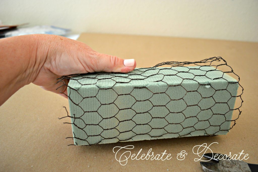 Covering floral foam with chicken wire keeps it from breaking apart as you arrange in it.
