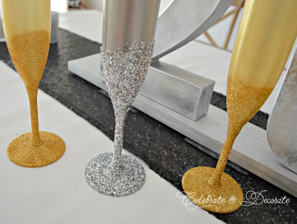 Glitter champagne glasses for a sparkly New Year's Eve