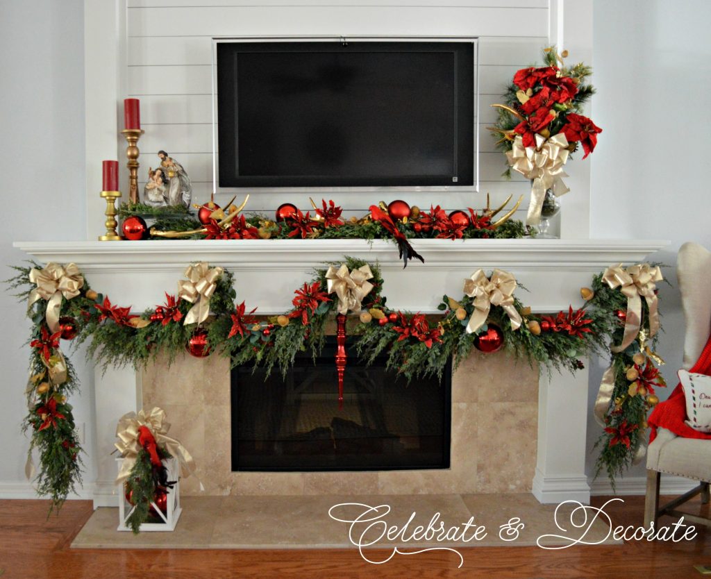 Holiday Home Tour mantel decked in red and gold 