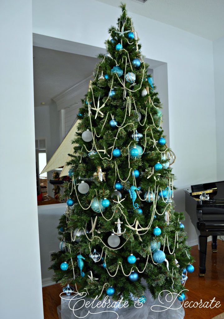 A Coastal Christmas tree in blue and white and silver