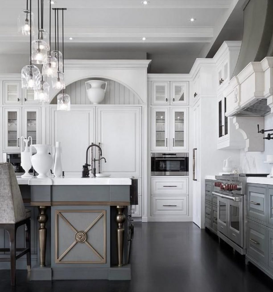 Gray and white kitchen.