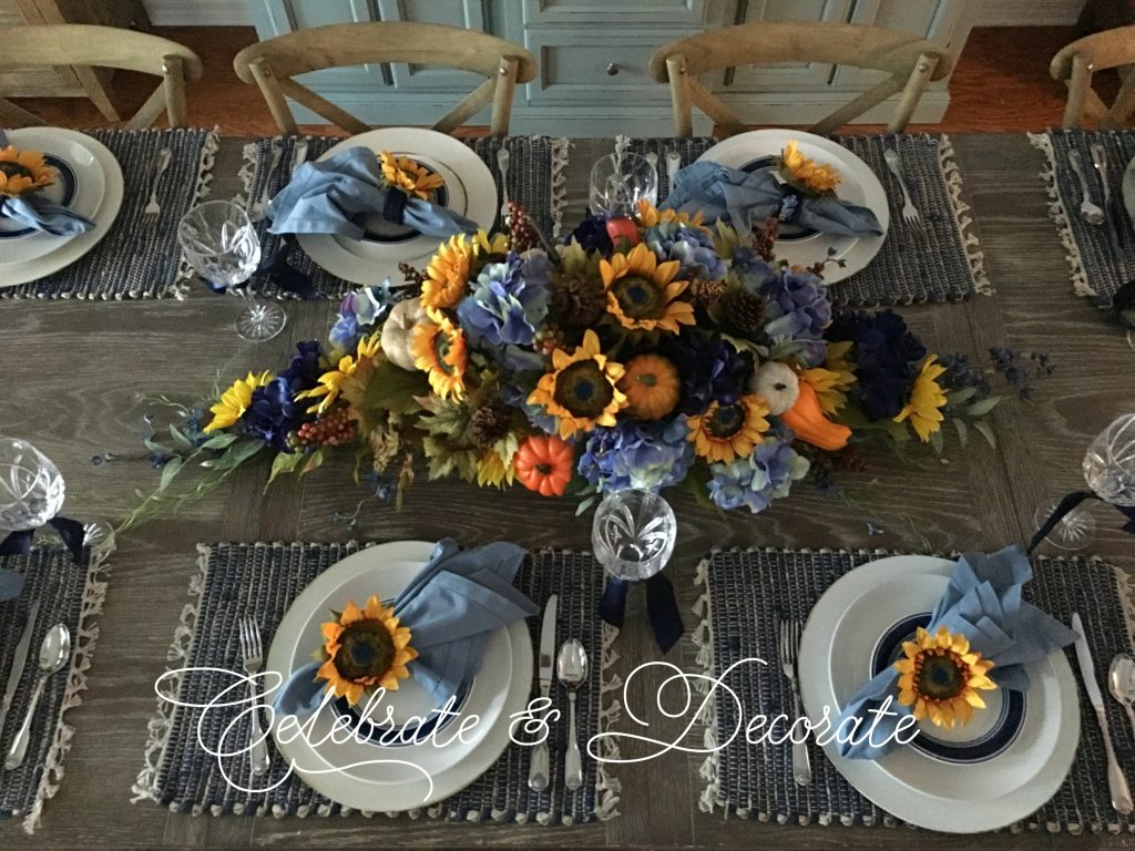 Sunflower and blue tablescape