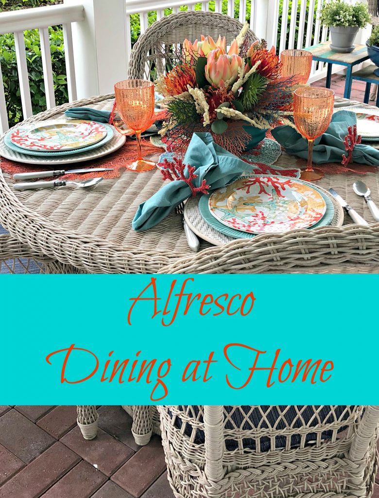 Alfresco Dining at Home with a coastal tablescape in turquoise and coral.