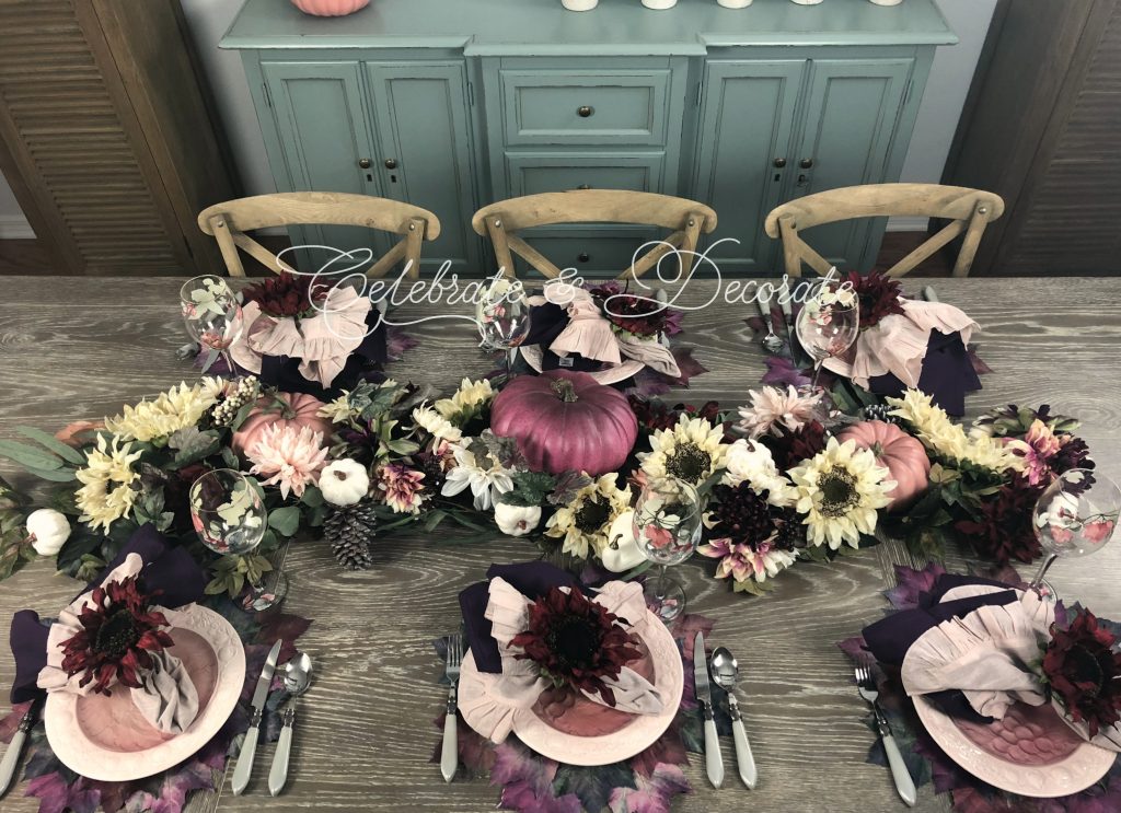 Fall table styled in pinks and purples