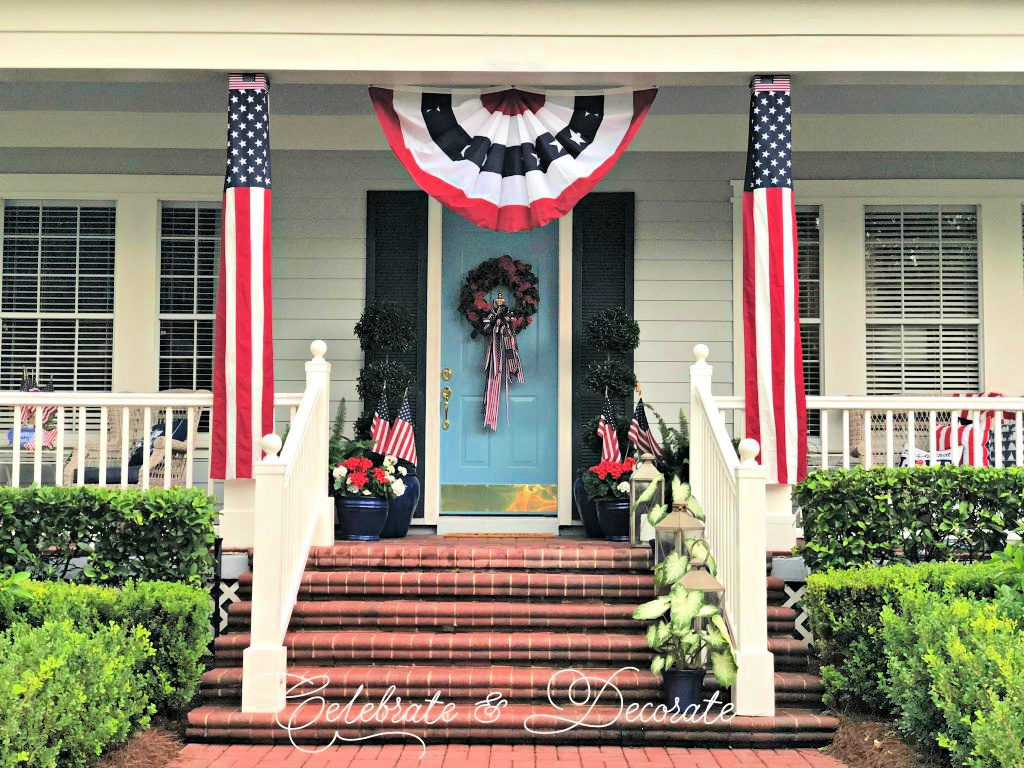 Traditional porch decorated for the 4th of July