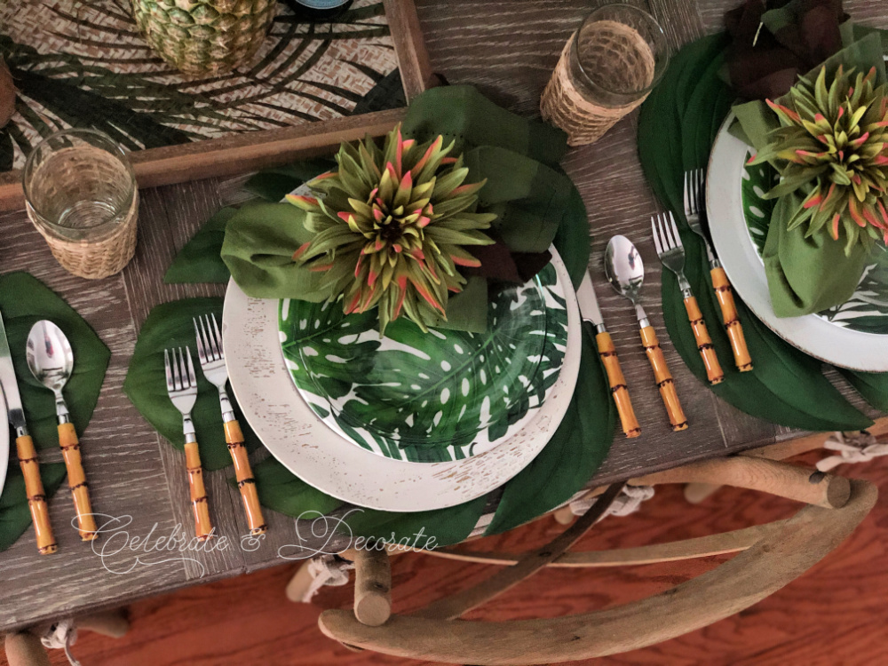 Overhead shot of tropical tablescape