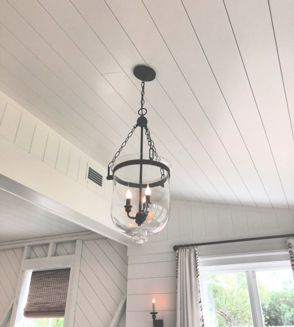 Shiplap ceiling and light fixture