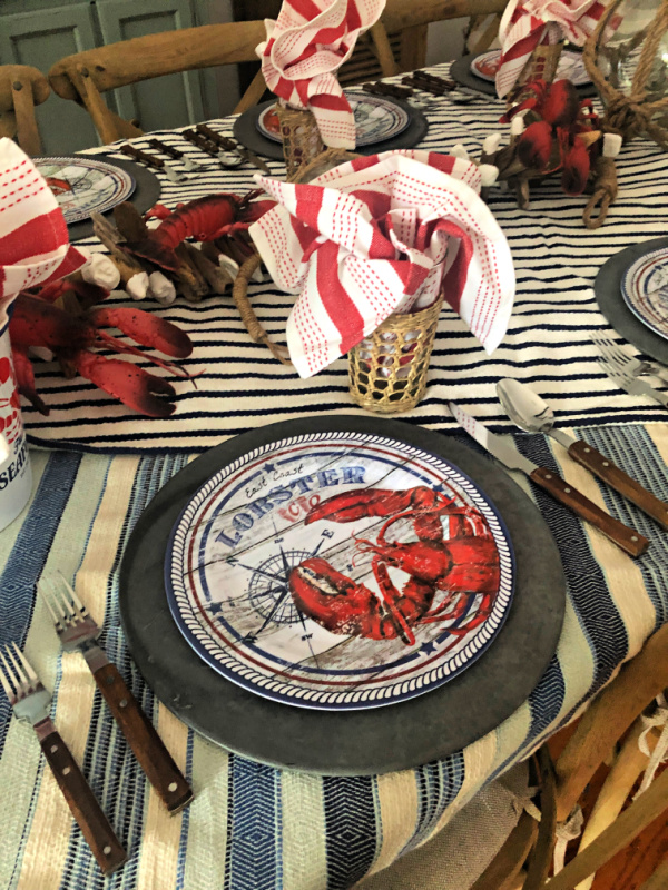 Melamine lobster dinner place setting with galvanized charger plates