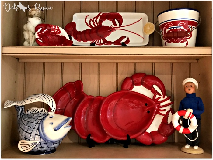 Kitchen shelves with lobster and crab dishes