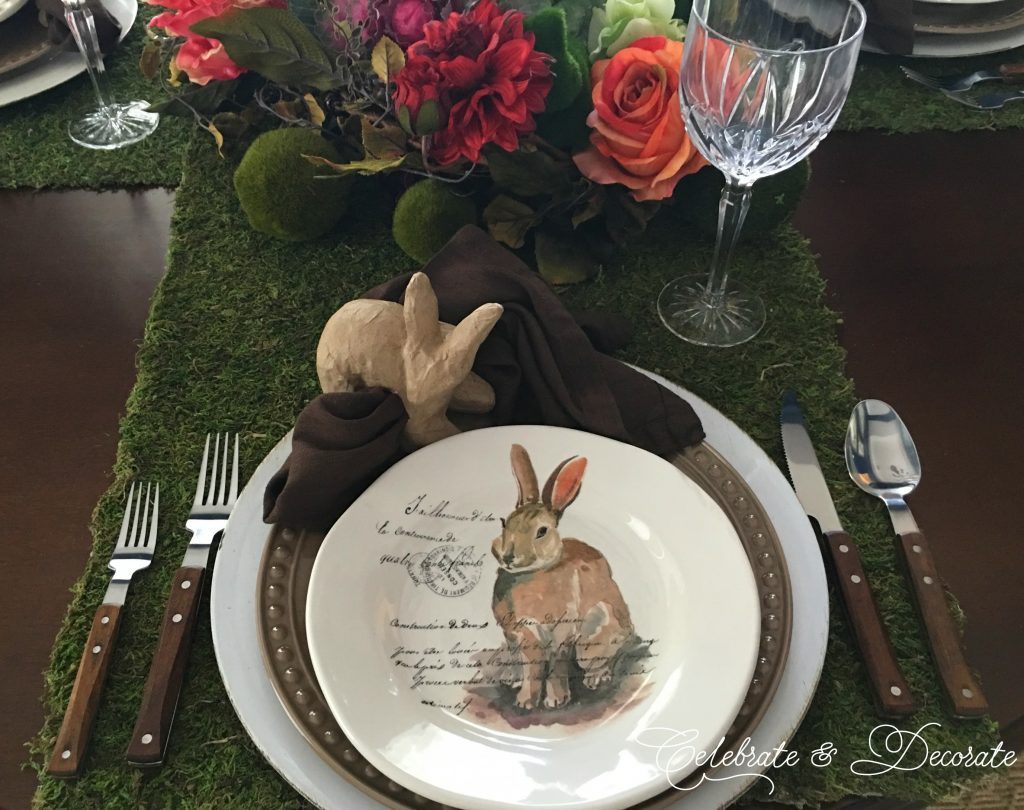 a french rabbit salad plate with moss runner for a spring table