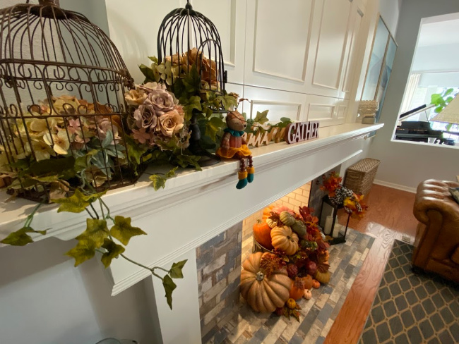 fall decorated mantel and hearth